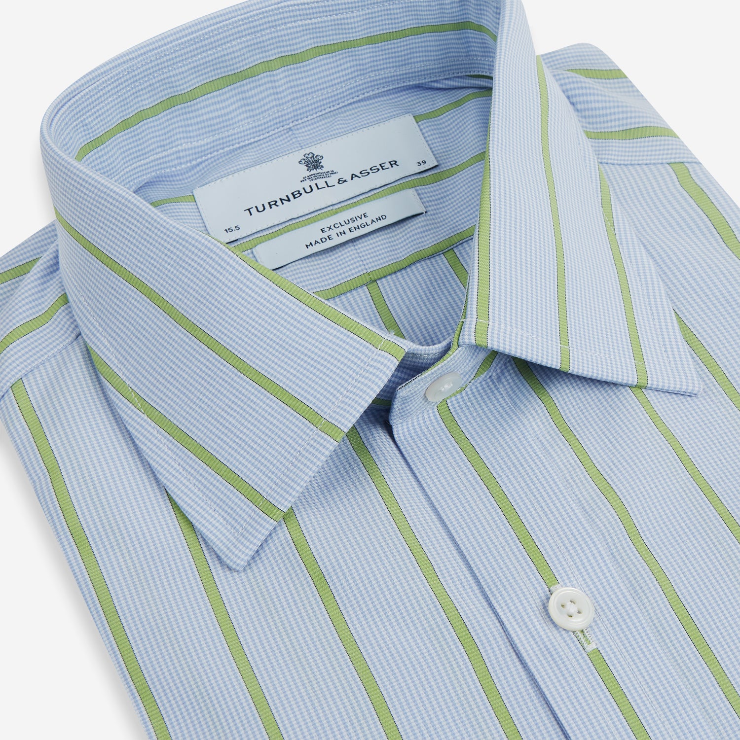 View 2 of product The Light Green and Blue Stripe Mayfair Shirt by Turnbull & Asser, crafted from organic cotton with vertical stripes and a classic T&A collar, is shown with buttoned cuffs against a plain white background.