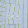 View 3 of product The Light Green and Blue Stripe Mayfair Shirt by Turnbull & Asser, crafted from organic cotton with vertical stripes and a classic T&A collar, is shown with buttoned cuffs against a plain white background.
