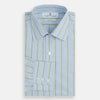 View 4 of product The Light Green and Blue Stripe Mayfair Shirt by Turnbull & Asser, crafted from organic cotton with vertical stripes and a classic T&A collar, is shown with buttoned cuffs against a plain white background.