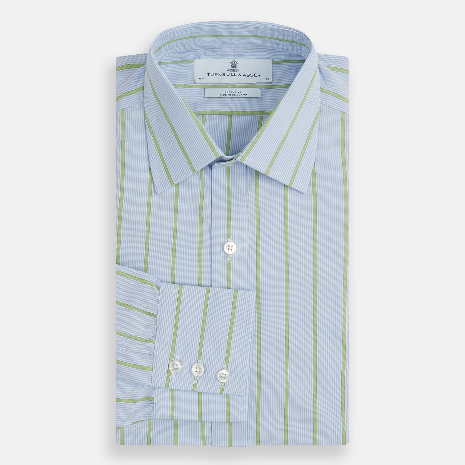 View 4 of product The Light Green and Blue Stripe Mayfair Shirt by Turnbull & Asser, crafted from organic cotton with vertical stripes and a classic T&A collar, is shown with buttoned cuffs against a plain white background.