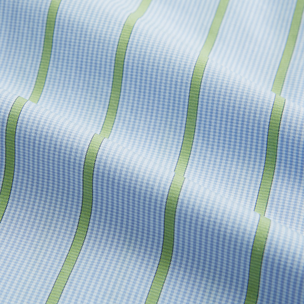 The Light Green and Blue Stripe Mayfair Shirt by Turnbull & Asser, crafted from organic cotton with vertical stripes and a classic T&A collar, is shown with buttoned cuffs against a plain white background.