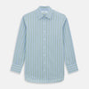 View 1 of product The Light Green and Blue Stripe Mayfair Shirt by Turnbull & Asser, crafted from organic cotton with vertical stripes and a classic T&A collar, is shown with buttoned cuffs against a plain white background.