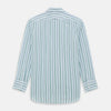View 6 of product The Blue and Green Shadow Stripe Mayfair Shirt by Turnbull & Asser is a long-sleeved, organic cotton button-up with a T&A collar, buttoned cuffs, and blue and green vertical stripes on white. Features a slightly rounded hem.