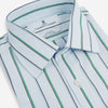 View 2 of product The Blue and Green Shadow Stripe Mayfair Shirt by Turnbull & Asser is a long-sleeved, organic cotton button-up with a T&A collar, buttoned cuffs, and blue and green vertical stripes on white. Features a slightly rounded hem.