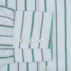 View 3 of product The Blue and Green Shadow Stripe Mayfair Shirt by Turnbull & Asser is a long-sleeved, organic cotton button-up with a T&A collar, buttoned cuffs, and blue and green vertical stripes on white. Features a slightly rounded hem.