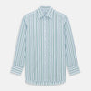 View 1 of product The Blue and Green Shadow Stripe Mayfair Shirt by Turnbull & Asser is a long-sleeved, organic cotton button-up with a T&A collar, buttoned cuffs, and blue and green vertical stripes on white. Features a slightly rounded hem.