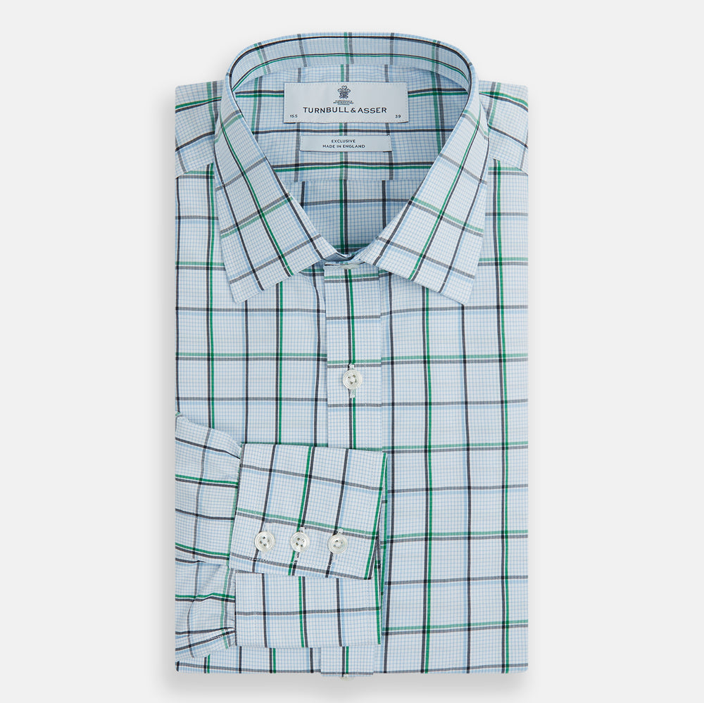 The Turnbull & Asser Blue and Green Tattersall Check Mayfair Shirt features a long-sleeve design with blue and green checks on white, shown against a plain white background.