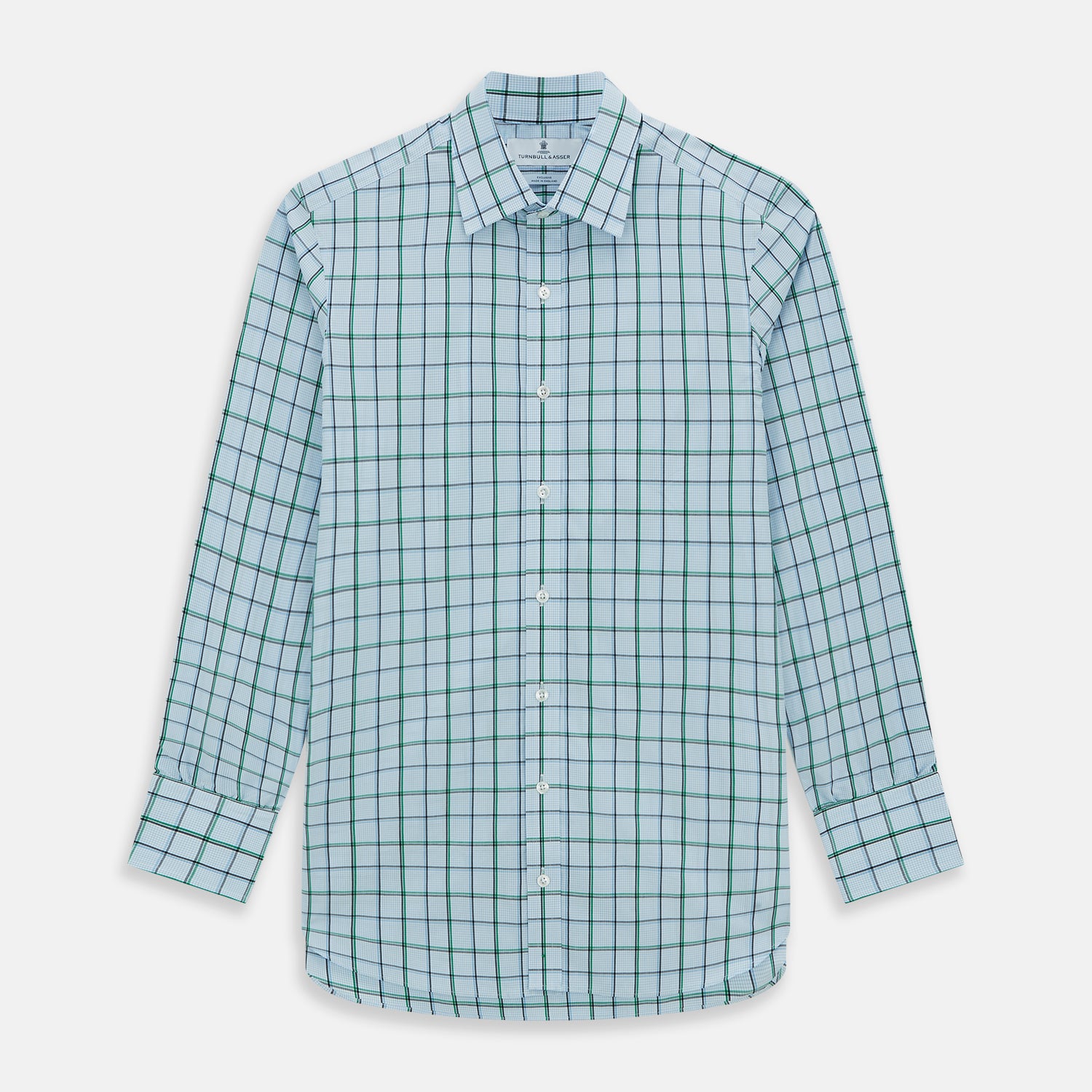 View 1 of product The Turnbull & Asser Blue and Green Tattersall Check Mayfair Shirt features a long-sleeve design with blue and green checks on white, shown against a plain white background.