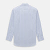 View 5 of product The Blue Shadow Pinstripe Mayfair Shirt by Turnbull & Asser is a long-sleeve, organic cotton dress shirt with light blue and white vertical stripes, a collar, and button-down front, shown against a white background.