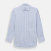 View 1 of product The Blue Shadow Pinstripe Mayfair Shirt by Turnbull & Asser is a long-sleeve, organic cotton dress shirt with light blue and white vertical stripes, a collar, and button-down front, shown against a white background.