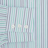 View 3 of product The Green and Blue Shadow Pinstripe Mayfair Shirt by Turnbull & Asser features long sleeves, a pointed collar, white buttons, and subtle green and blue pinstripes—a refined choice for any wardrobe capsule.