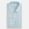 View 4 of product The Green and Blue Shadow Pinstripe Mayfair Shirt by Turnbull & Asser features long sleeves, a pointed collar, white buttons, and subtle green and blue pinstripes—a refined choice for any wardrobe capsule.