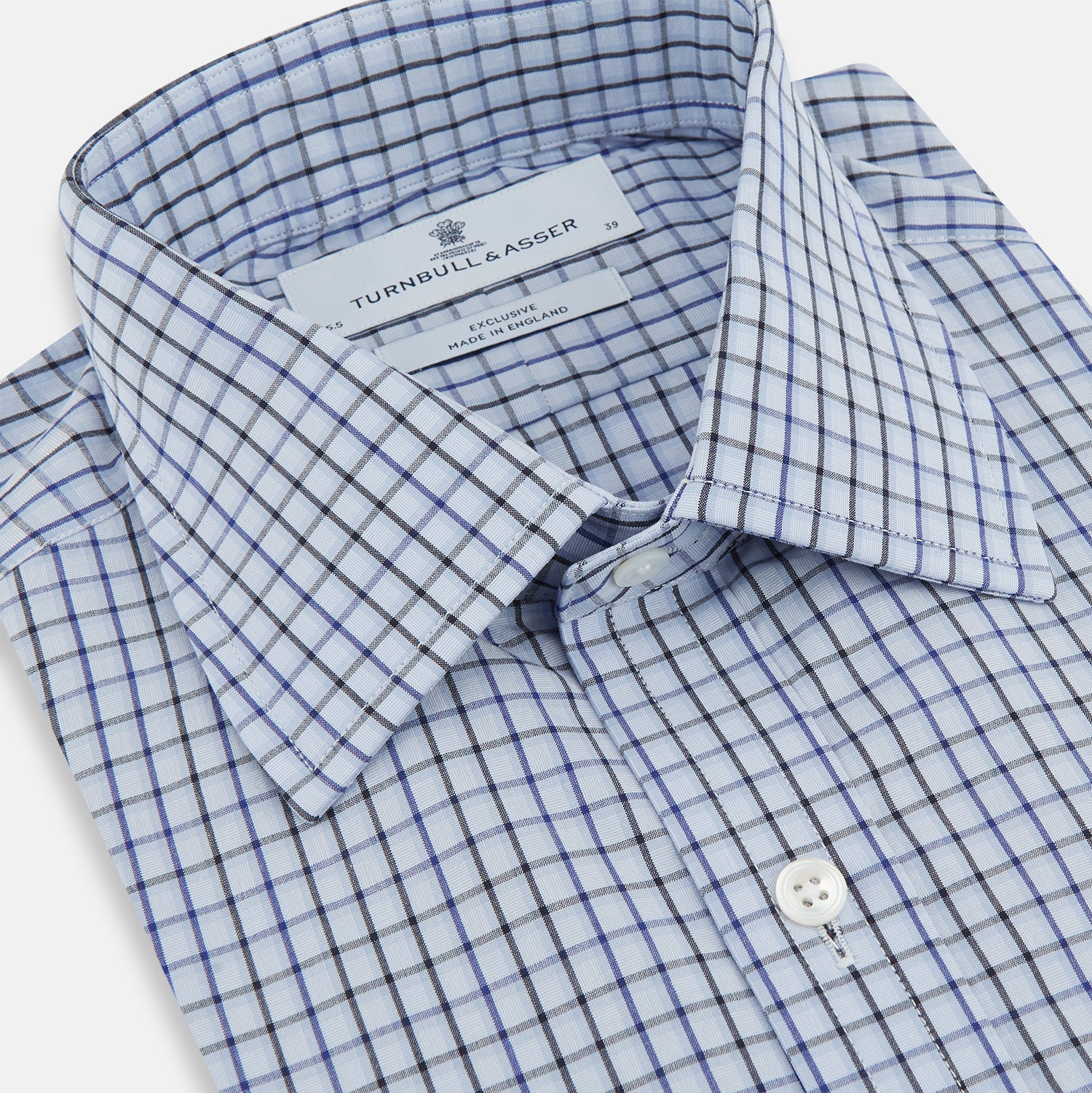 View 2 of product The Blue Shadow Check Mayfair Shirt by Turnbull & Asser is a long-sleeve, organic cotton shirt with collar and cuffs, shown laid flat on a white background.