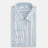 View 4 of product The Turnbull & Asser Blue and Green Multi Track Stripe Mayfair Shirt is a contemporary classic long-sleeve collared shirt, shown expertly laid flat on a white background—a versatile essential for any capsule wardrobe.