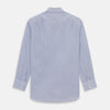 View 5 of product The Light Blue Track Stripe Mayfair Shirt by Turnbull & Asser is a long-sleeve button-up with thin white stripes, pointed collar, and buttoned cuffs. Expertly crafted from Egyptian cotton, it's shown laid flat on a white background.