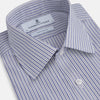 View 2 of product The Dark Blue Track Stripe Mayfair Shirt by Turnbull & Asser is a long-sleeve, button-up Egyptian cotton shirt with a classic collar and thin blue and white stripes, laid flat on a white background.
