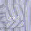 View 3 of product The Dark Blue Track Stripe Mayfair Shirt by Turnbull & Asser is a long-sleeve, button-up Egyptian cotton shirt with a classic collar and thin blue and white stripes, laid flat on a white background.