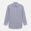 View 1 of product The Dark Blue Track Stripe Mayfair Shirt by Turnbull & Asser is a long-sleeve, button-up Egyptian cotton shirt with a classic collar and thin blue and white stripes, laid flat on a white background.