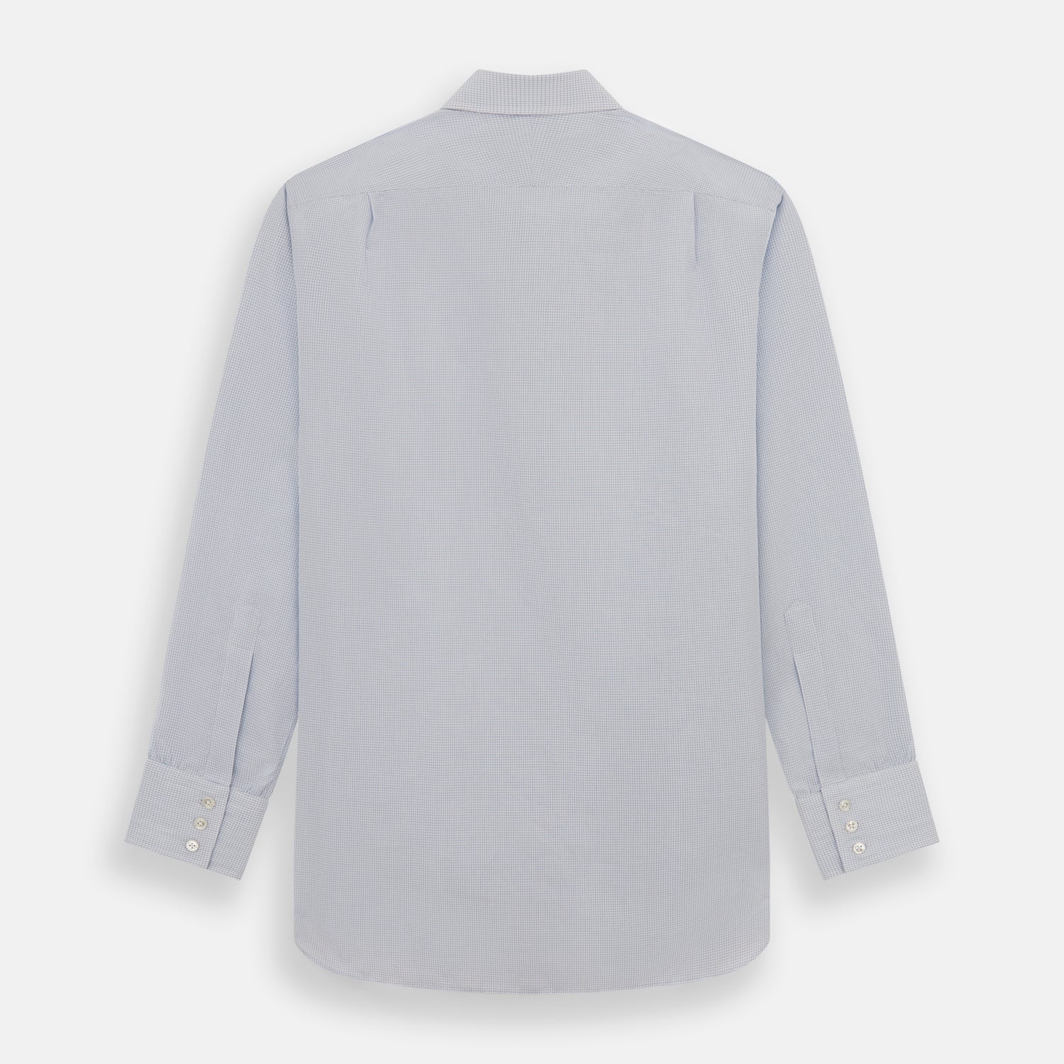 View 5 of product The Turnbull & Asser Blue Fine Graph Check Mayfair Shirt, made from breathable cotton, features long sleeves, a T&A collar, white buttons, and buttoned cuffs, displayed flat on a white background.