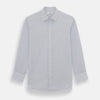 View 1 of product The Turnbull & Asser Blue Fine Graph Check Mayfair Shirt, made from breathable cotton, features long sleeves, a T&A collar, white buttons, and buttoned cuffs, displayed flat on a white background.