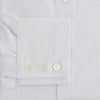 View 3 of product The Blue Pencil Stripe Mayfair Shirt by Turnbull & Asser features light blue stripes, long sleeves, a classic T&A collar, and buttoned cuffs, displayed on a plain white background.