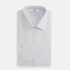 View 4 of product The Blue Pencil Stripe Mayfair Shirt by Turnbull & Asser features light blue stripes, long sleeves, a classic T&A collar, and buttoned cuffs, displayed on a plain white background.