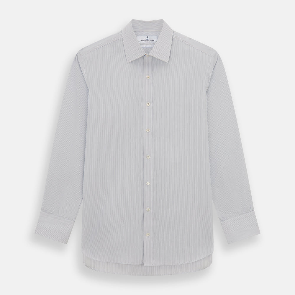 The Blue Pencil Stripe Mayfair Shirt by Turnbull & Asser features light blue stripes, long sleeves, a classic T&A collar, and buttoned cuffs, displayed on a plain white background.