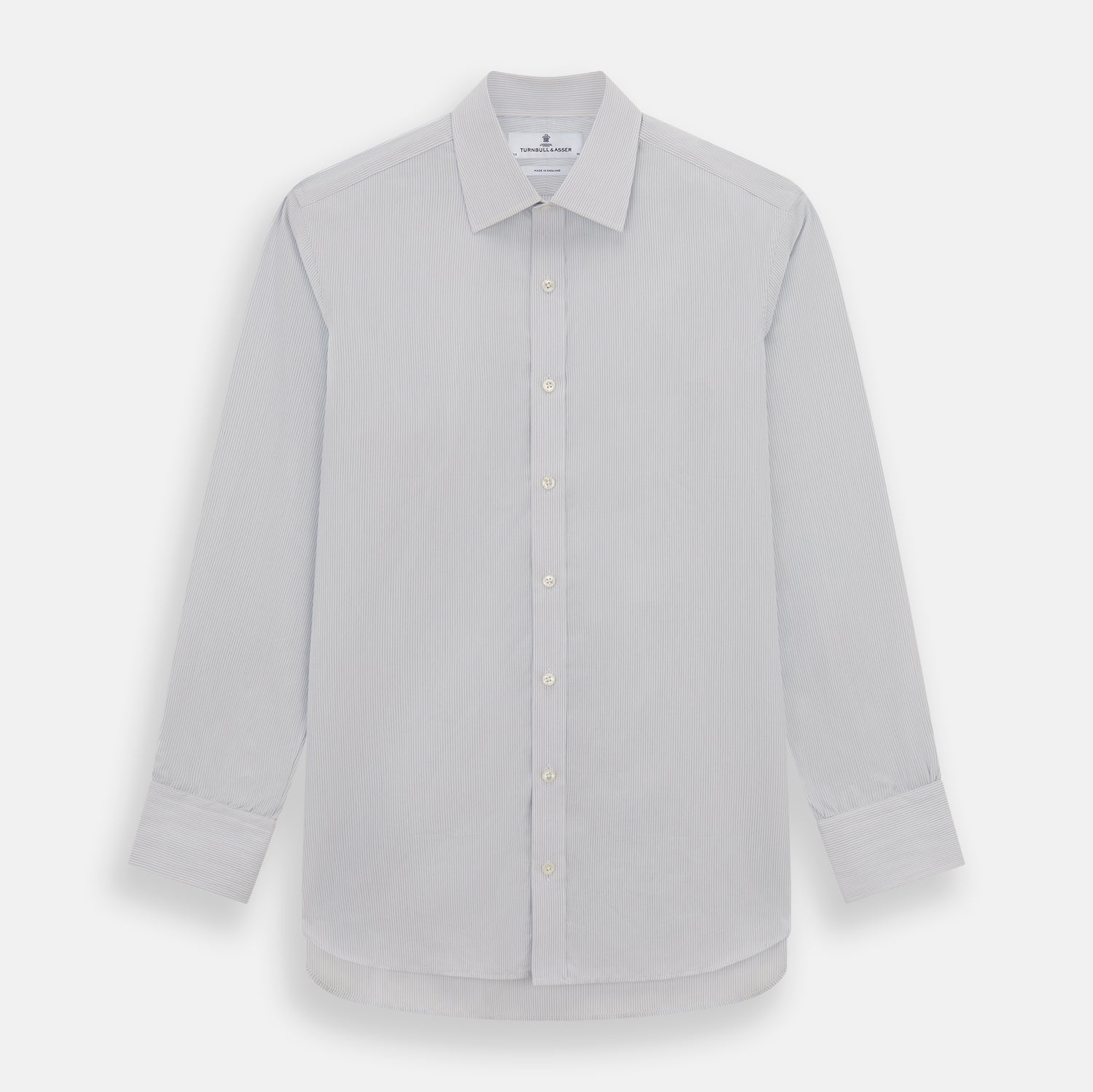 View 1 of product The Blue Pencil Stripe Mayfair Shirt by Turnbull & Asser features light blue stripes, long sleeves, a classic T&A collar, and buttoned cuffs, displayed on a plain white background.