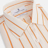 View 2 of product The Orange Track Stripe Mayfair Shirt by Turnbull & Asser features a white base with vertical orange stripes in breathable cotton, plus contrasting horizontal-striped collar and cuffs, shown neatly laid flat on a white background.