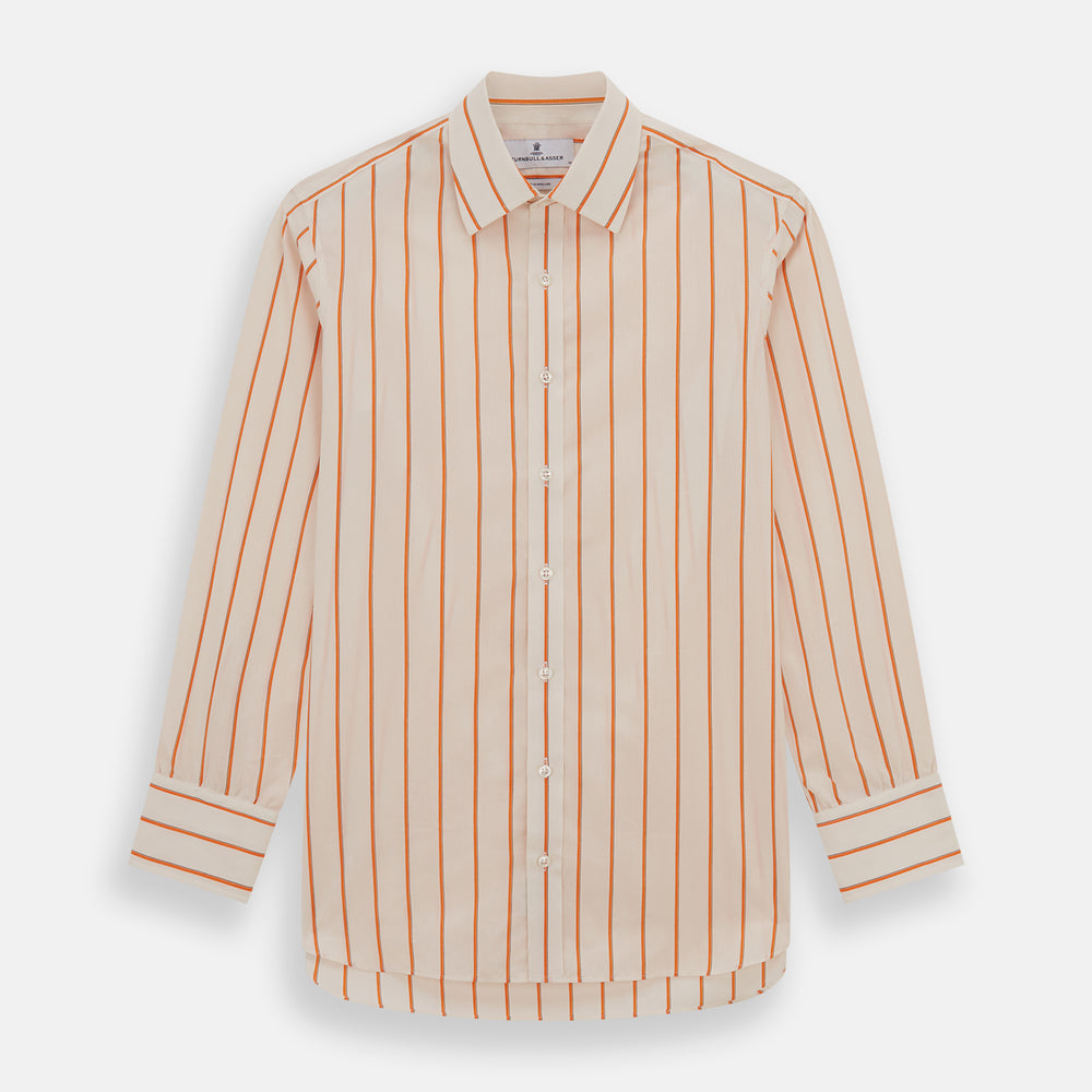 The Orange Track Stripe Mayfair Shirt by Turnbull & Asser features a white base with vertical orange stripes in breathable cotton, plus contrasting horizontal-striped collar and cuffs, shown neatly laid flat on a white background.
