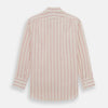 View 5 of product The Turnbull & Asser Pink Track Stripe Mayfair Shirt features long sleeves, a collar, and cream fabric with vertical pink stripes, crafted from breathable cotton and shown on a plain white background.