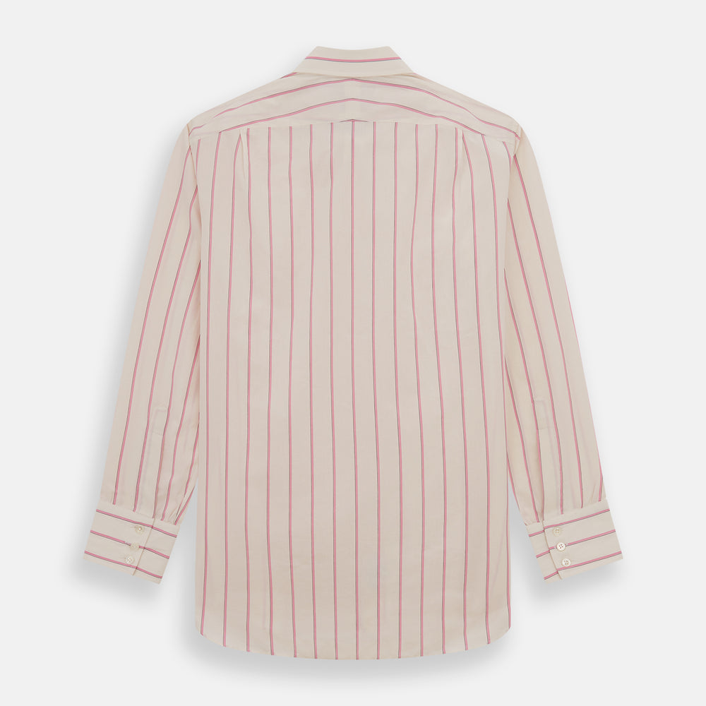The Turnbull & Asser Pink Track Stripe Mayfair Shirt features long sleeves, a collar, and cream fabric with vertical pink stripes, crafted from breathable cotton and shown on a plain white background.