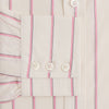 View 3 of product The Turnbull & Asser Pink Track Stripe Mayfair Shirt features long sleeves, a collar, and cream fabric with vertical pink stripes, crafted from breathable cotton and shown on a plain white background.