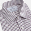 View 2 of product The Turnbull & Asser Purple Tattersall Check Mayfair Shirt is a long-sleeved, organic cotton button-up with a pointed collar and buttoned cuffs, shown flat on a white background.