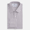 View 4 of product The Turnbull & Asser Purple Tattersall Check Mayfair Shirt is a long-sleeved, organic cotton button-up with a pointed collar and buttoned cuffs, shown flat on a white background.