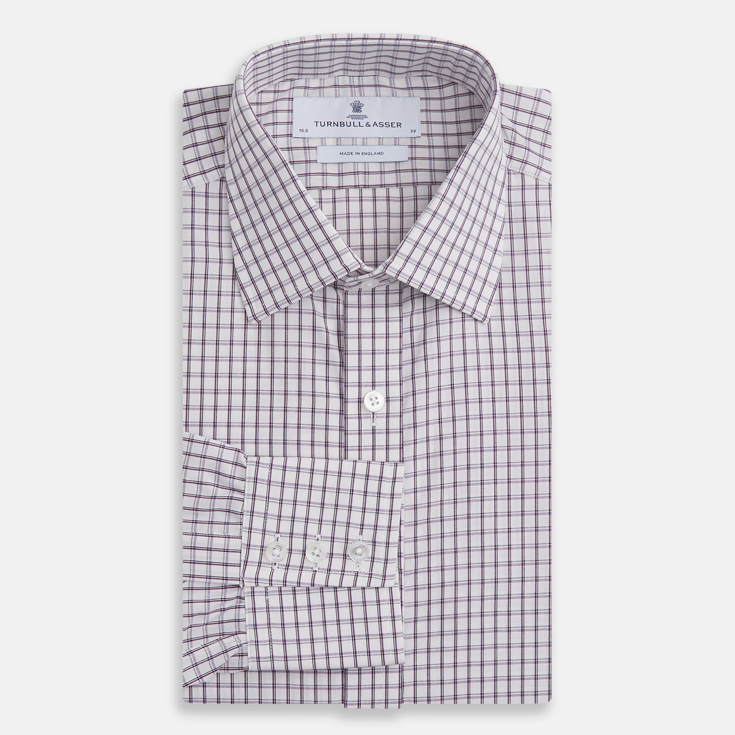 View 4 of product The Turnbull & Asser Purple Tattersall Check Mayfair Shirt is a long-sleeved, organic cotton button-up with a pointed collar and buttoned cuffs, shown flat on a white background.