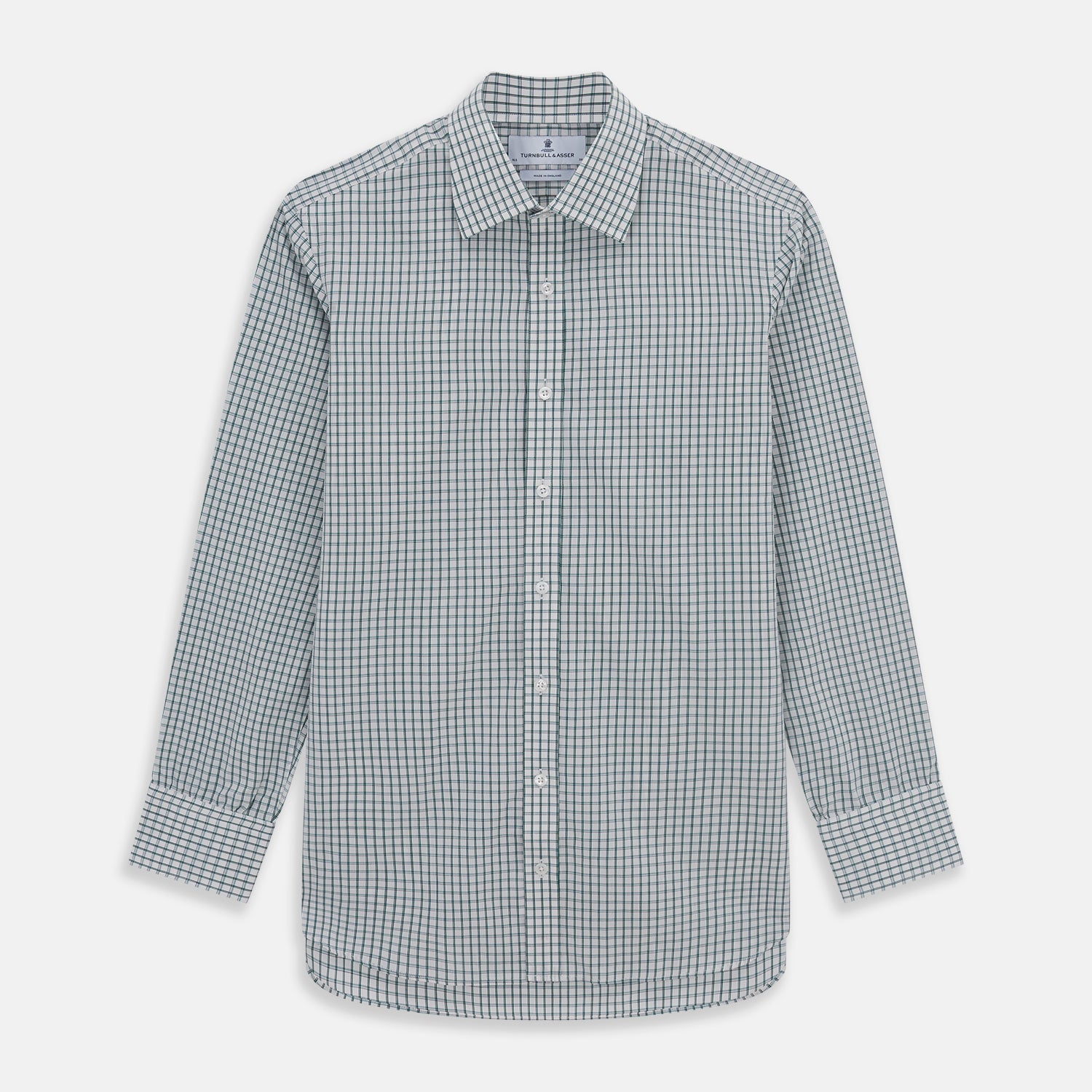 View 1 of product A Turnbull & Asser Dark Green Tattersall Check Mayfair Shirt, featuring long sleeves and button-down design, is neatly laid flat on a white background.