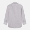 View 5 of product The Turnbull & Asser Purple Track Stripe Mayfair Shirt is a long-sleeve, button-up organic cotton shirt with a T&A collar, showcasing thin vertical black stripes on white and laid flat on a white surface.