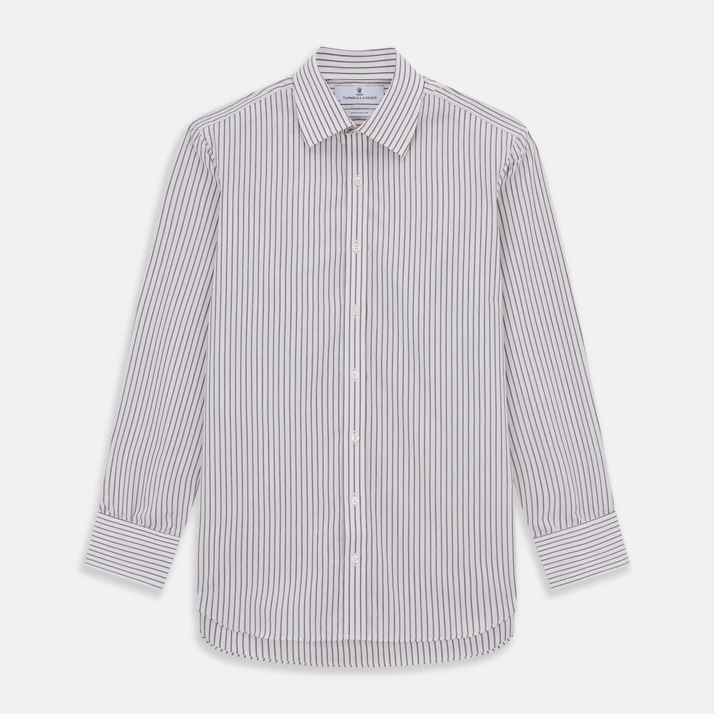 The Turnbull & Asser Purple Track Stripe Mayfair Shirt is a long-sleeve, button-up organic cotton shirt with a T&A collar, showcasing thin vertical black stripes on white and laid flat on a white surface.