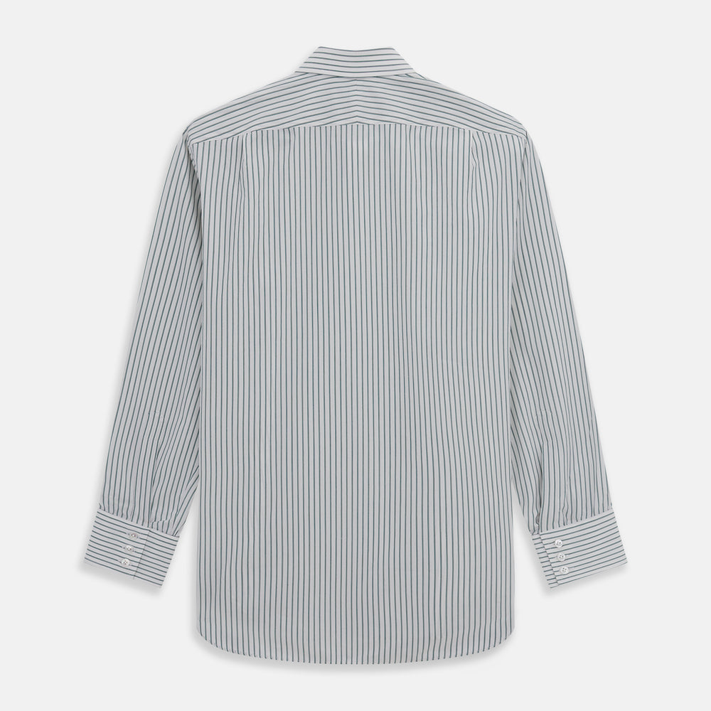 The Turnbull & Asser Dark Green Track Stripe Mayfair Shirt is a long-sleeved button-up with a T&A collar, featuring dark green track stripes, shown against a plain white background.