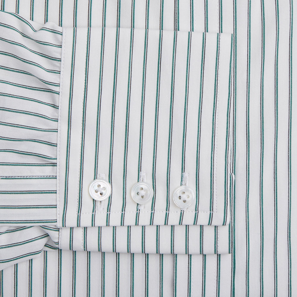 The Turnbull & Asser Dark Green Track Stripe Mayfair Shirt is a long-sleeved button-up with a T&A collar, featuring dark green track stripes, shown against a plain white background.