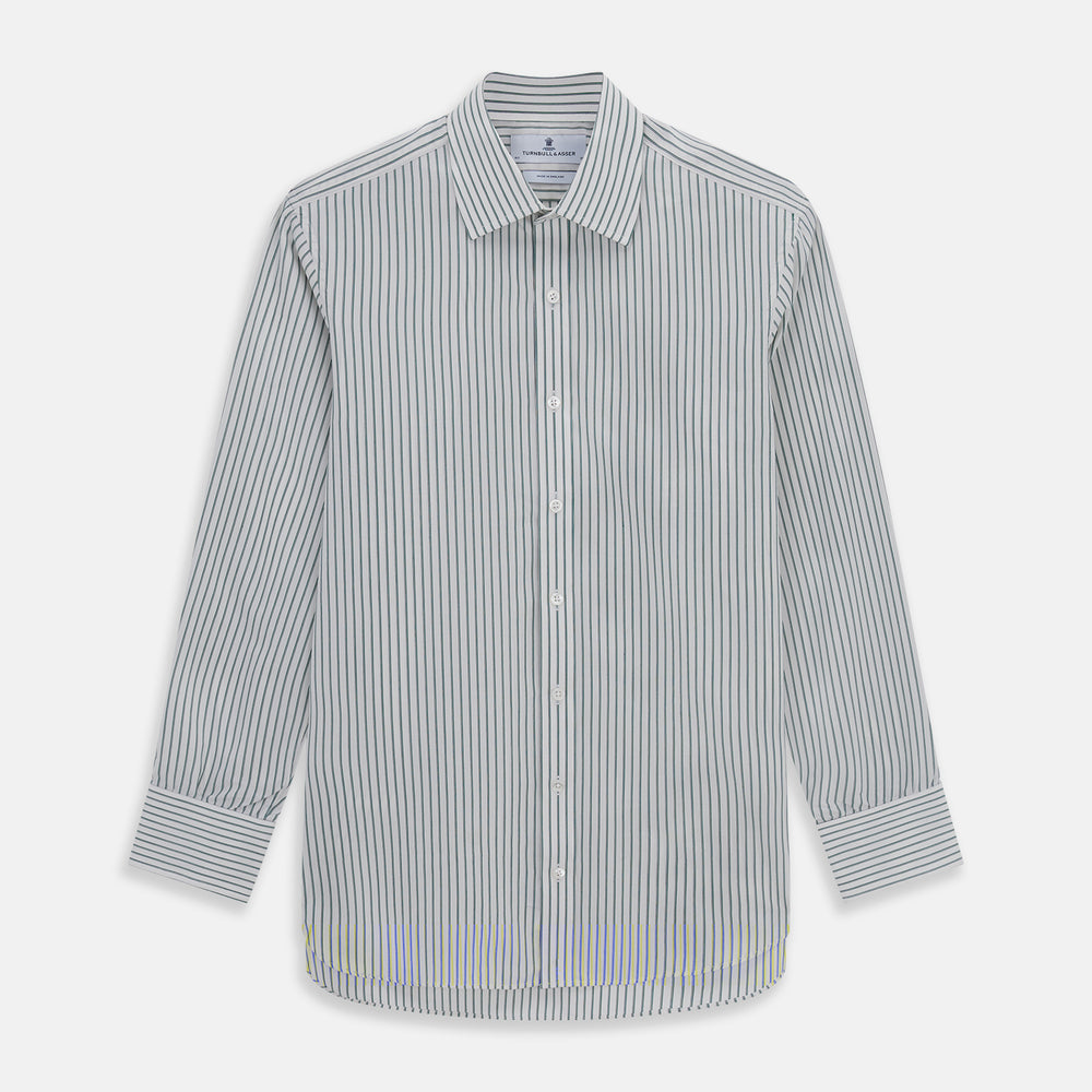The Turnbull & Asser Dark Green Track Stripe Mayfair Shirt is a long-sleeved button-up with a T&A collar, featuring dark green track stripes, shown against a plain white background.