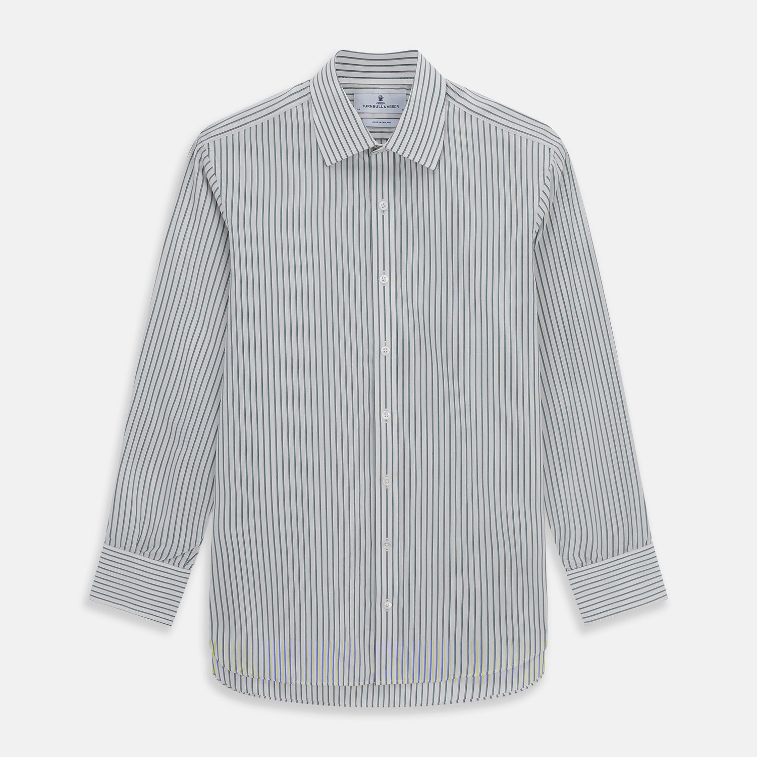 View 1 of product The Turnbull & Asser Dark Green Track Stripe Mayfair Shirt is a long-sleeved button-up with a T&A collar, featuring dark green track stripes, shown against a plain white background.