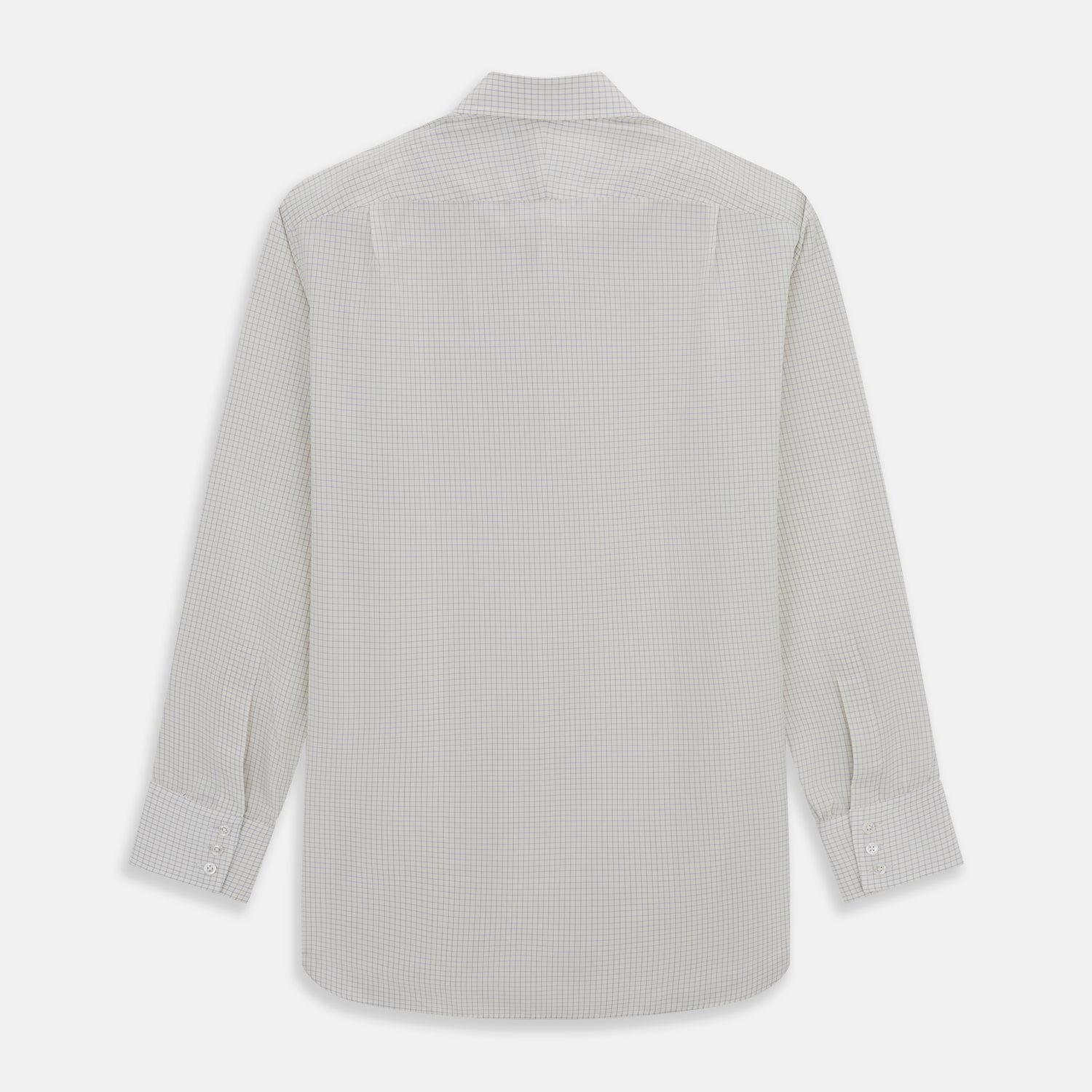 View 5 of product The Turnbull & Asser Pale Blue Graph Check Mayfair Shirt is a long-sleeve, button-up shirt with a pointed collar and buttoned cuffs, crafted from organic cotton—shown here laid flat on a white background.