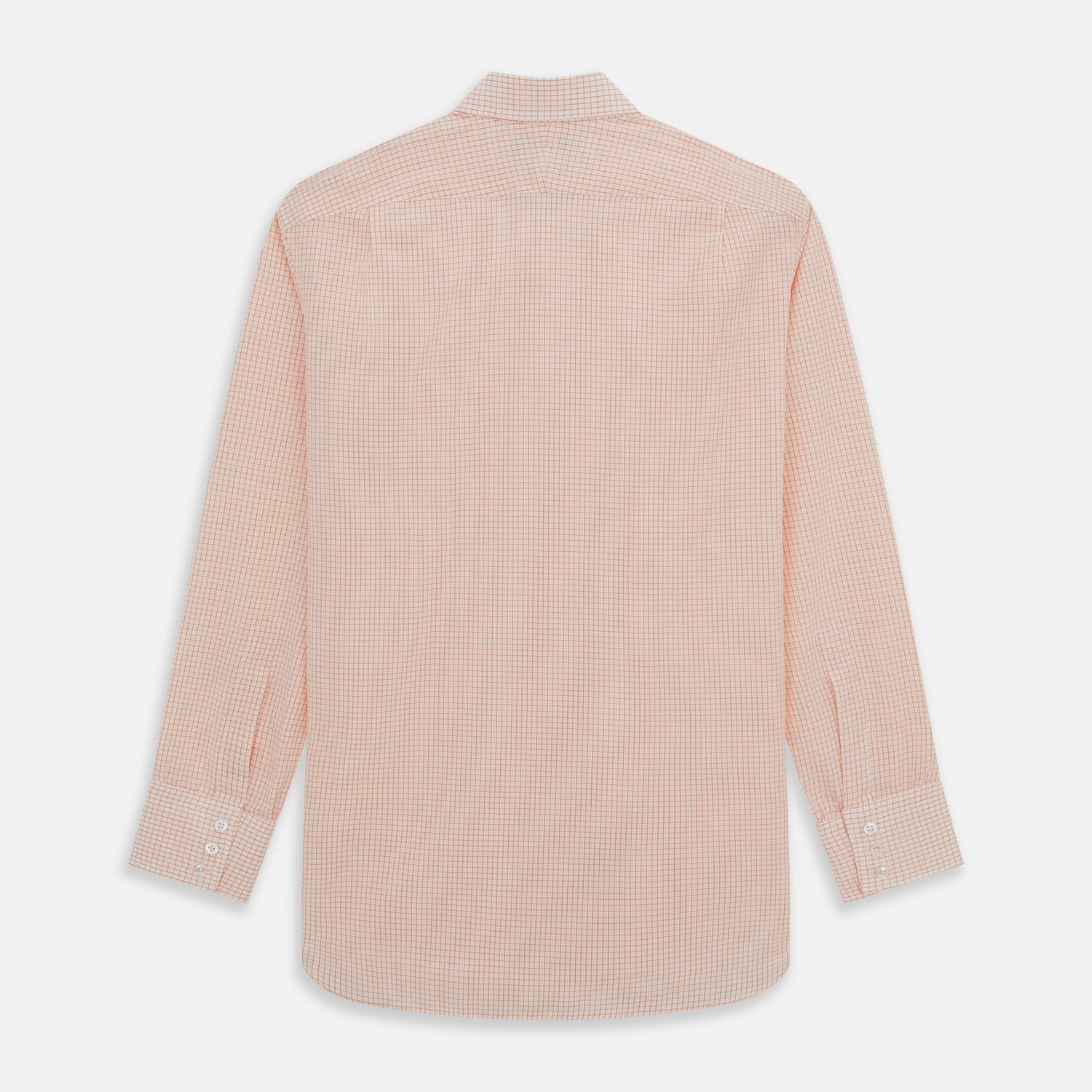 View 5 of product The Turnbull & Asser Orange Graph Check Mayfair Shirt features a classic T&A collar, long sleeves, buttoned cuffs, and a peach and white check pattern, shown against a white background.