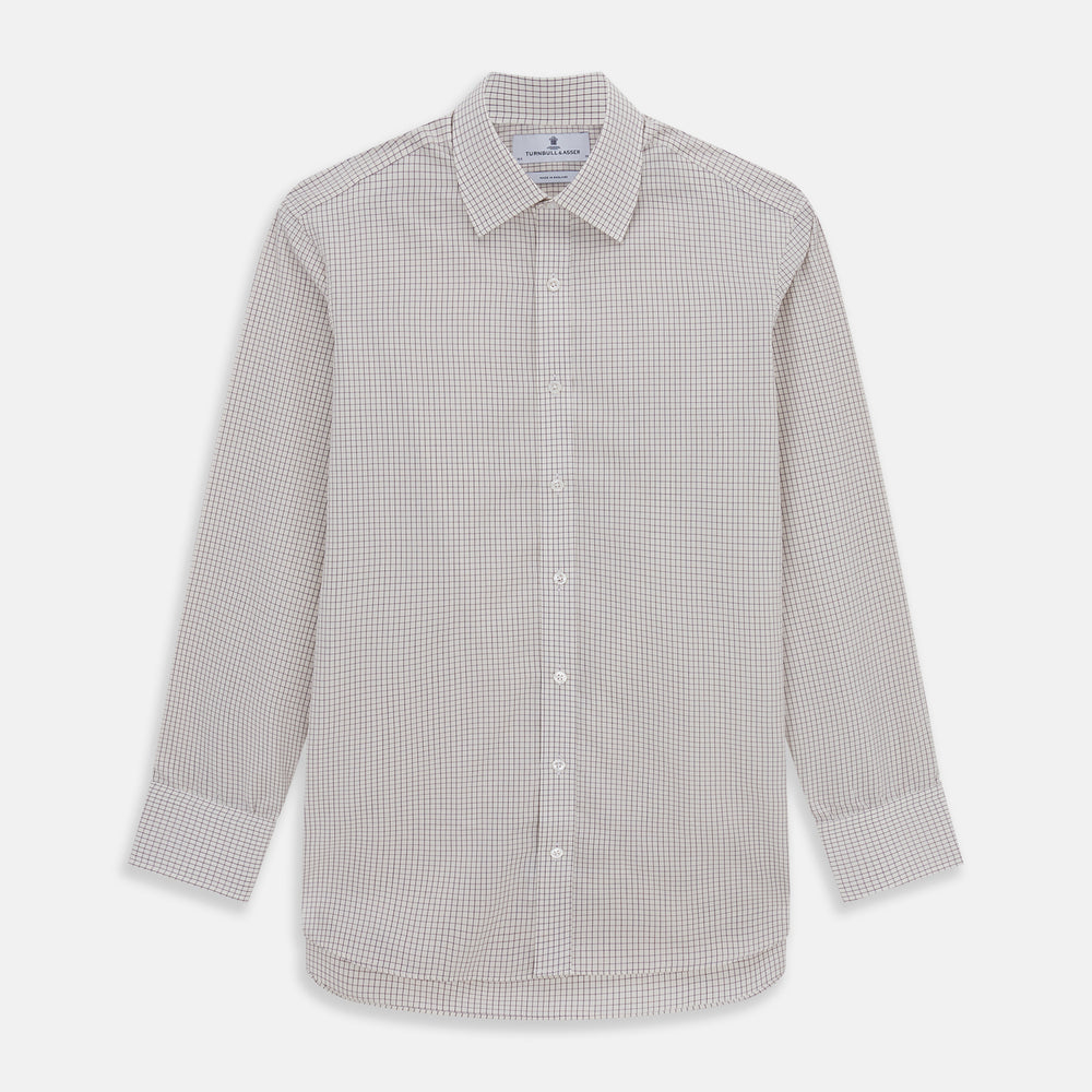 The Turnbull & Asser Purple Graph Check Mayfair Shirt features a classic T&A collar and cuffs, long sleeves, and a subtle purple checkered pattern, shown against a white background.