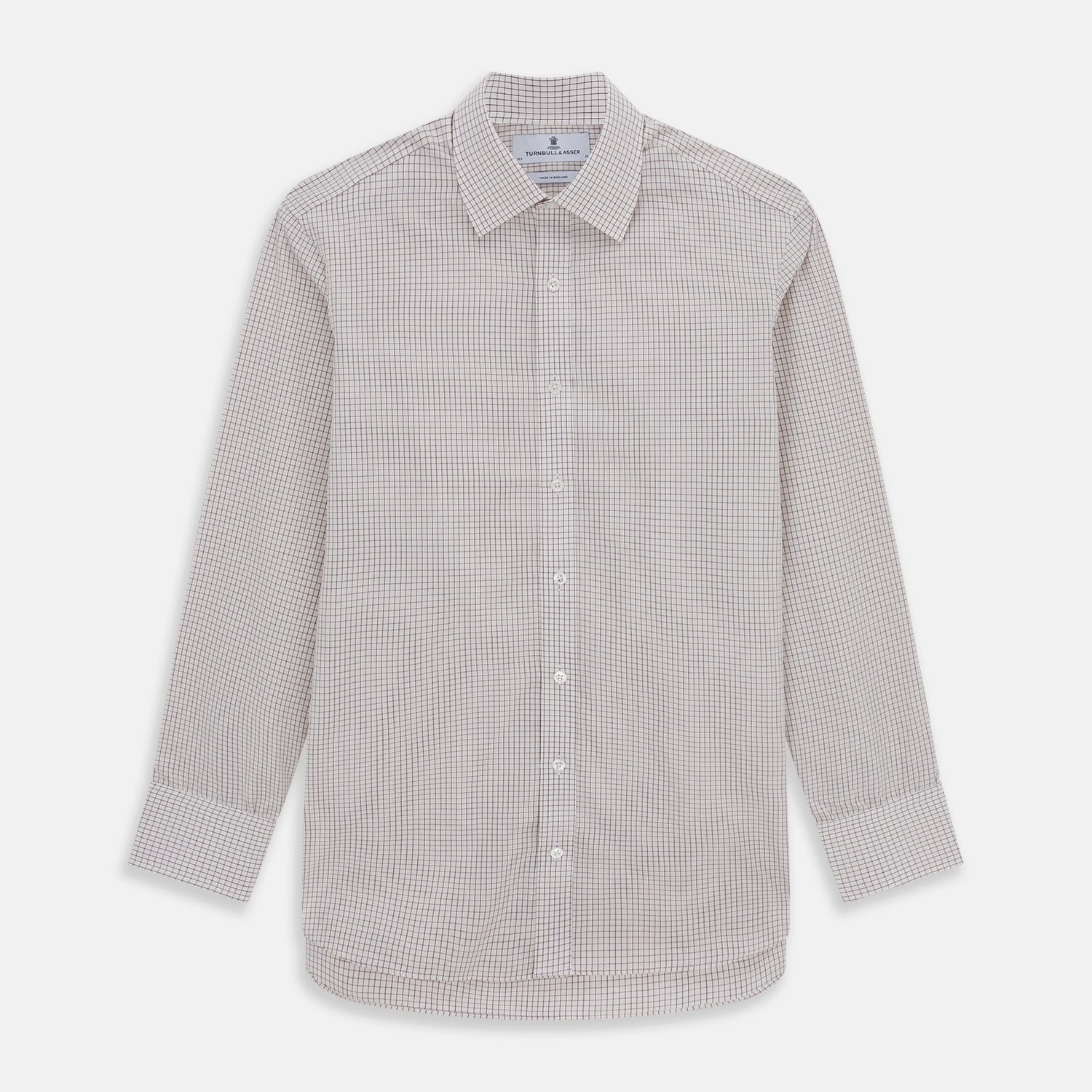 View 1 of product The Turnbull & Asser Purple Graph Check Mayfair Shirt features a classic T&A collar and cuffs, long sleeves, and a subtle purple checkered pattern, shown against a white background.