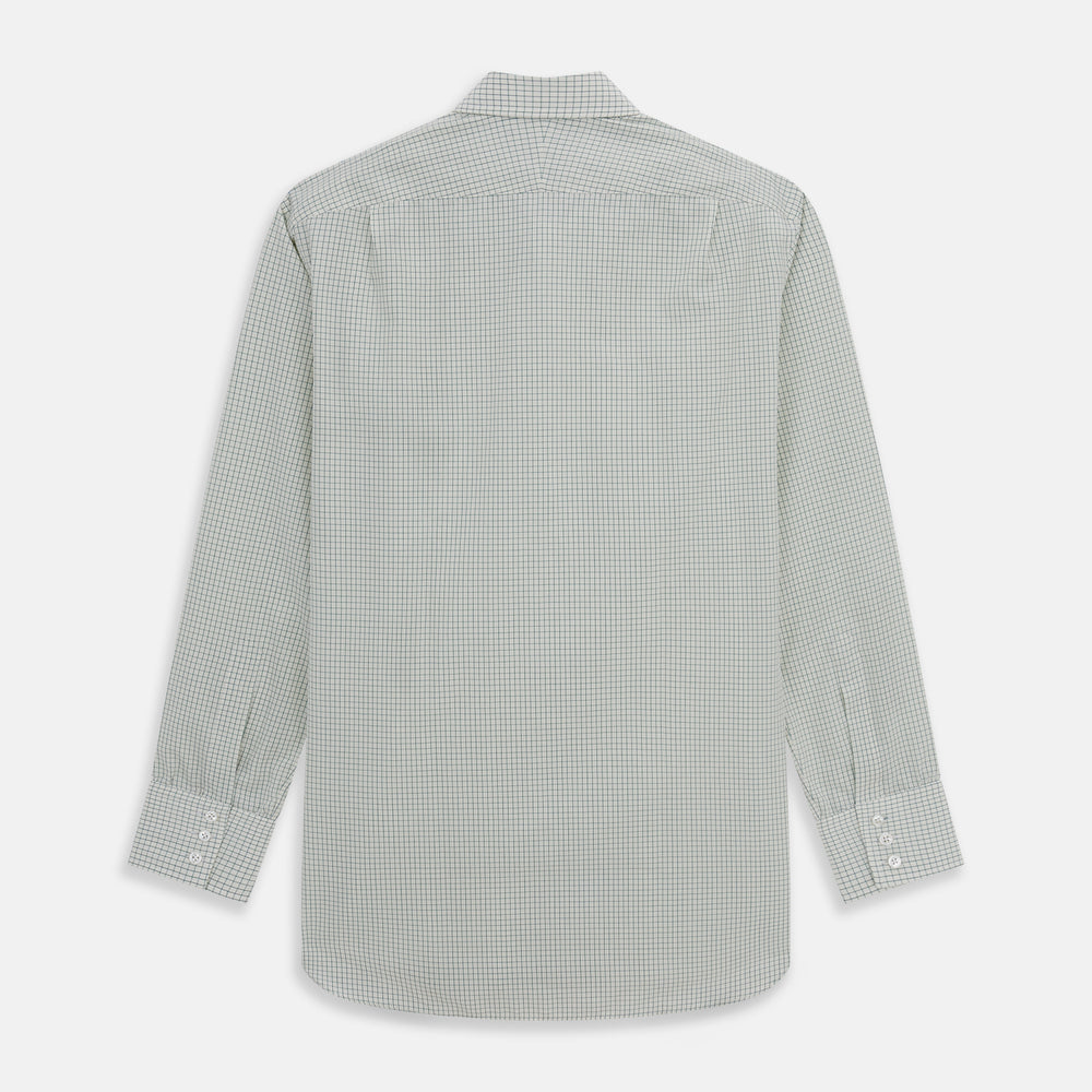 The Turnbull & Asser Dark Green Graph Check Mayfair Shirt, featuring a classic T&A collar and cuffs, displays a small green and white check pattern and is shown laid flat on a white background.