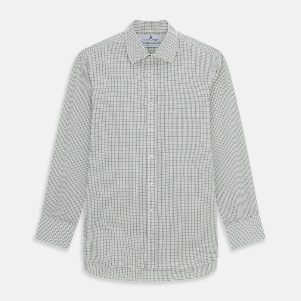 The Turnbull & Asser Dark Green Graph Check Mayfair Shirt, featuring a classic T&A collar and cuffs, displays a small green and white check pattern and is shown laid flat on a white background.