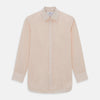 View 1 of product The Turnbull & Asser Orange Pinstripe Mayfair Shirt with a T&A collar and thin peach and white stripes is laid flat on a white background.